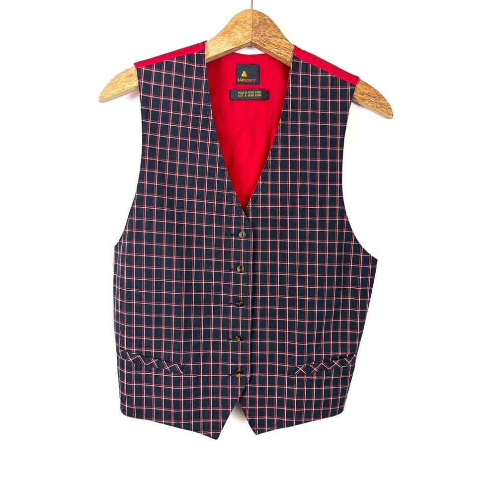 Lizsport Plaid Vest Medium Red Navy Blue Vintage Cotton Dark Academia Preppy 90s